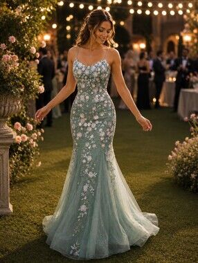 Embroidered Floral Sage Green Mermaid Gown